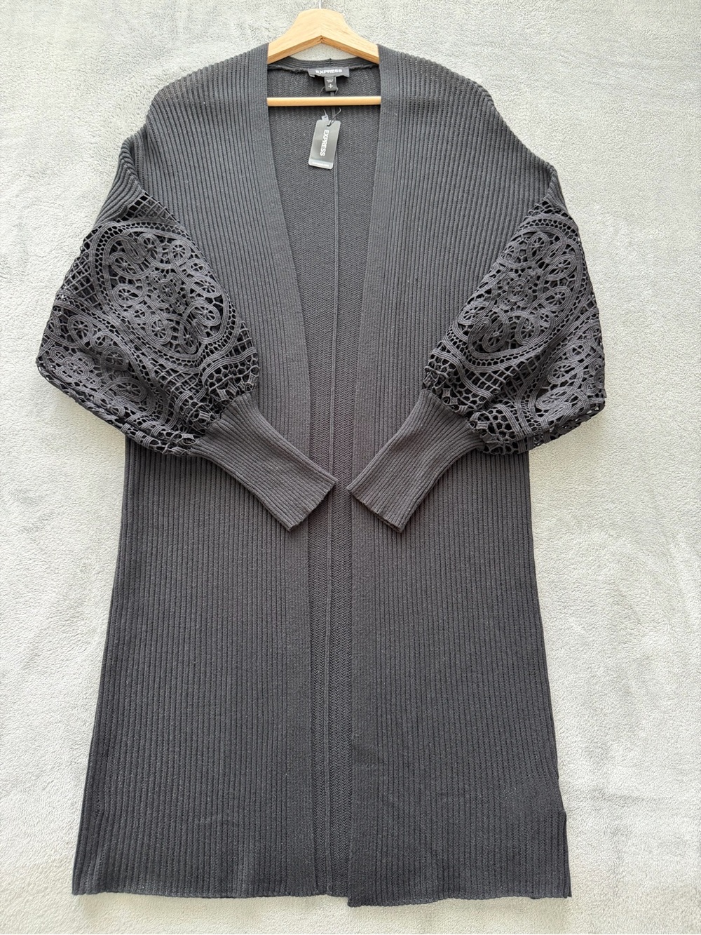 Express Charcoal Gray Open-Front Long Cardigan with Lace Balloon Sleeves